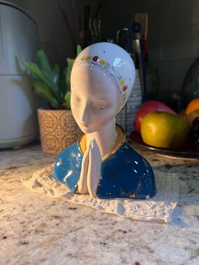 Blue Ceramic Female Madonna in Prayer Bust Figurine